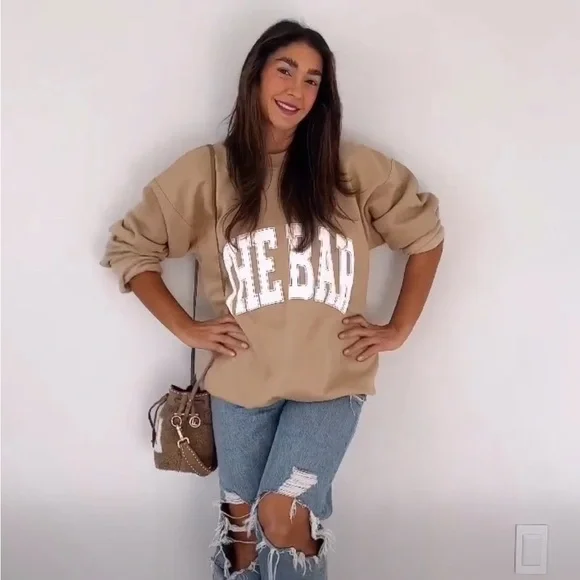 EUC The Bar Tan Varsity Sweatshirt size L with White Lettering. - Picture 8 of 13